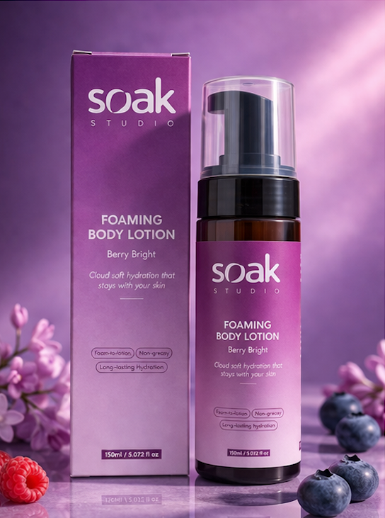 Soak Studio Foaming body lotion with packaging on a purple background