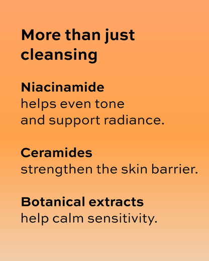 Text on an orange background describing skincare benefits of Soak Studio Body wash with Niacinamide, Ceramides, and Botanical extracts.