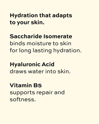 Text describing hydration ingredients for Soak Studio Foaming body lotion on a beige background
